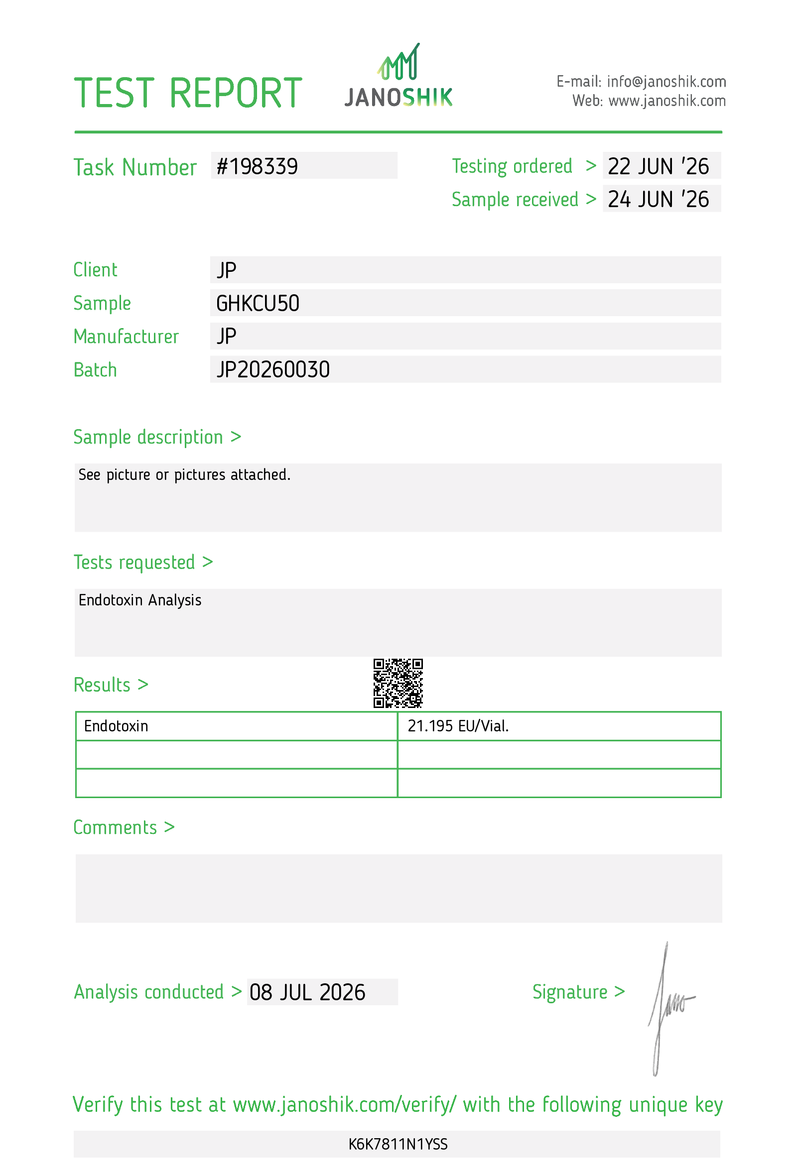 Third-party endotoxin report